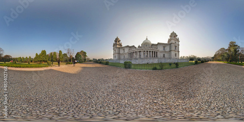 Equidistant spherical panorama, 360 degree circular panorama of the Queen Victoria Memorial Palace in Calcutta.