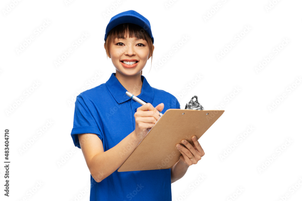 profession, job and people concept - happy smiling delivery woman in blue uniform with clipboard and pen over white background profession, job and people concept - happy smiling delivery woman in blue uniform with clipboard and pen over white background