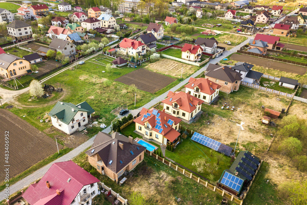Aerial view of rural area in town with residential houses