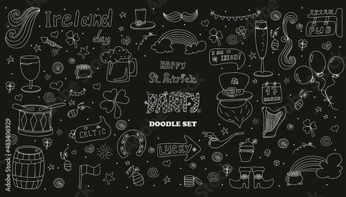 St. Patrick s Day set with hand-drawn icons. A doodle of beer  Ireland  pub  party  bar. Template for a postcard  invitation  advertisement or banner for the Irish holiday of March 17. Vector