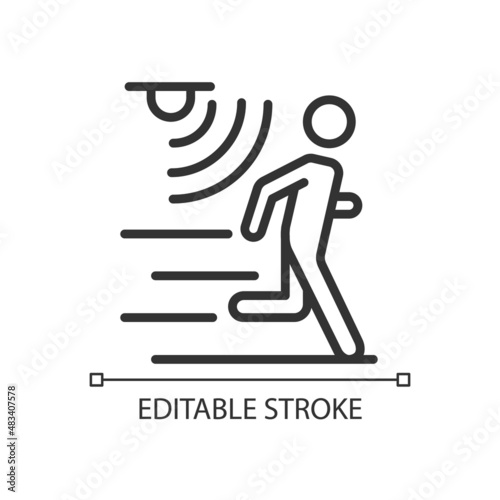Motion detection pixel perfect linear icon. Movement monitoring. Internet of Things. Thin line illustration. Contour symbol. Vector outline drawing. Editable stroke. Arial font used