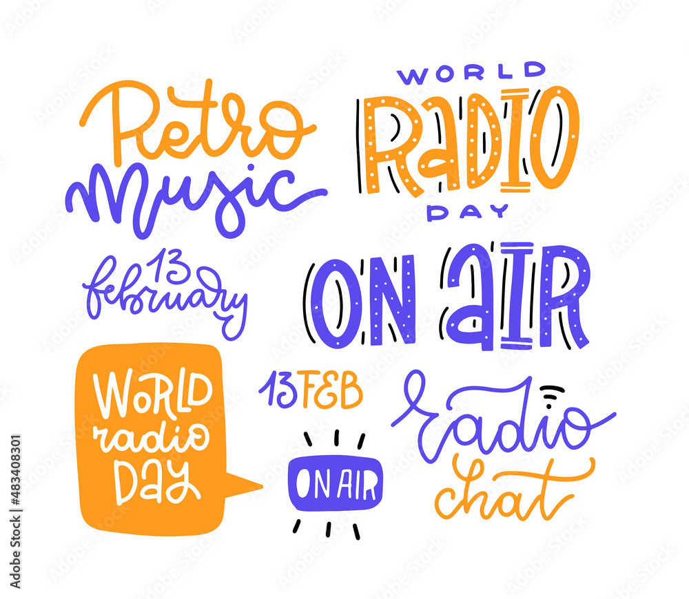 Set with lettering quotes and phrases about radio. On air. World Radio day. 13 february. Retro music. Hand drawn vector illustration.