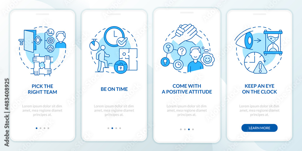 Escape room winning strategies blue onboarding mobile app screen. Walkthrough 4 steps graphic instructions pages with linear concepts. UI, UX, GUI template. Myriad Pro-Bold, Regular fonts used