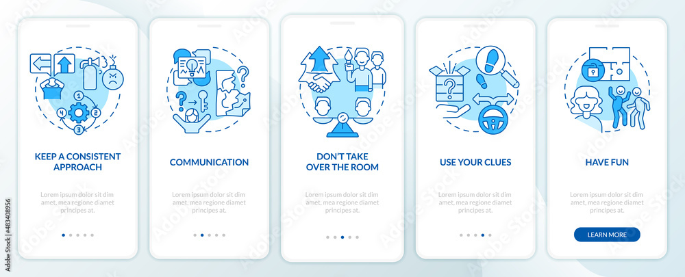 Escape room winning approaches blue onboarding mobile app screen. Walkthrough 5 steps graphic instructions pages with linear concepts. UI, UX, GUI template. Myriad Pro-Bold, Regular fonts used