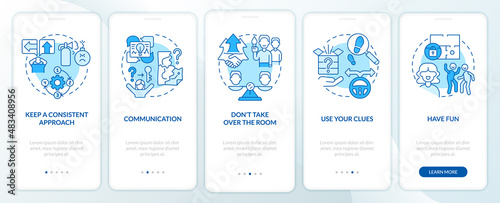 Escape room winning approaches blue onboarding mobile app screen. Walkthrough 5 steps graphic instructions pages with linear concepts. UI, UX, GUI template. Myriad Pro-Bold, Regular fonts used