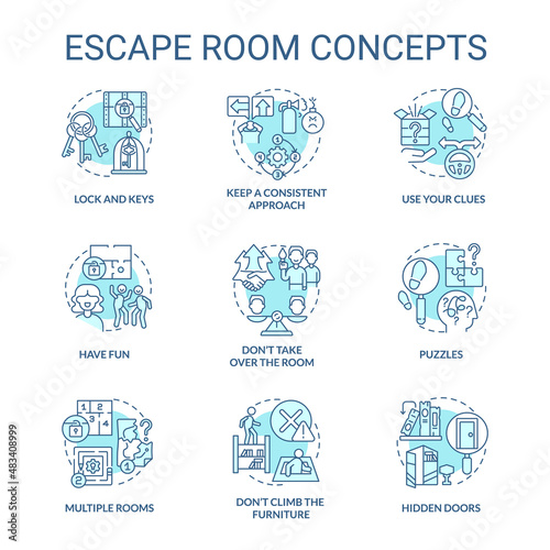 Escape room turquoise concept icons set. Puzzle-solving adventure idea thin line color illustrations. Have fun. Isolated symbols. Editable stroke. Roboto-Medium, Myriad Pro-Bold fonts used