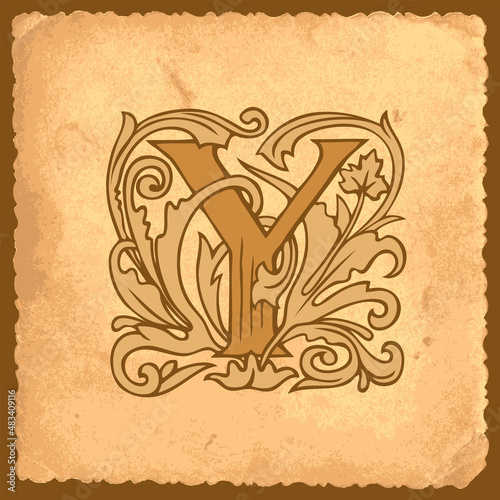 Ornate vector initial letter Y in vintage style with fabulous decor on old paper. Beautiful capital Latin letter Y. Suitable for monogram, logo, emblem, greeting card, invitation or label design