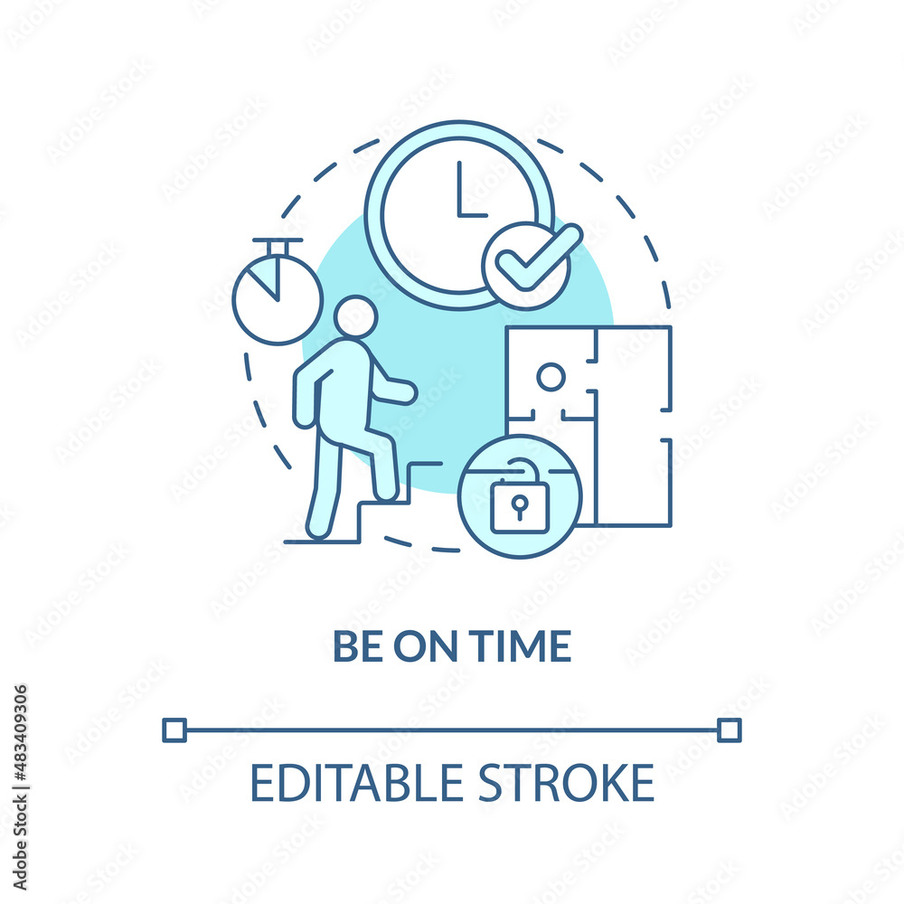 Be on time turquoise concept icon. Escape room strategy abstract idea thin line illustration. Arriving at right time. Isolated outline drawing. Editable stroke. Arial, Myriad Pro-Bold fonts used Be on time turquoise concept icon. Escape room strategy abstract idea thin line illustration. Arriving at right time. Isolated outline drawing. Editable stroke. Arial, Myriad Pro-Bold fonts used
