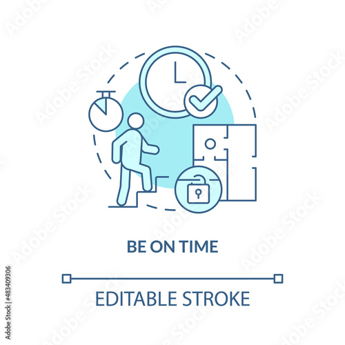 Be on time turquoise concept icon. Escape room strategy abstract idea thin line illustration. Arriving at right time. Isolated outline drawing. Editable stroke. Arial, Myriad Pro-Bold fonts used