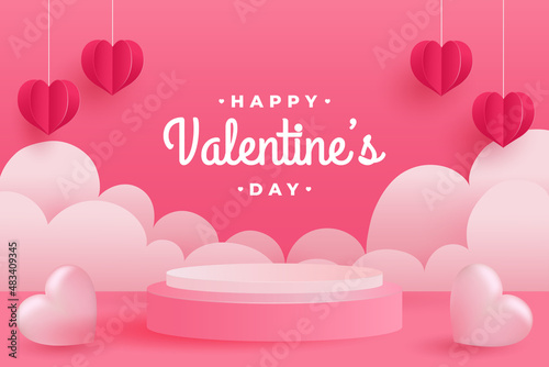 Happy valentines day with podium and romantic valentine decorationd or elements background template