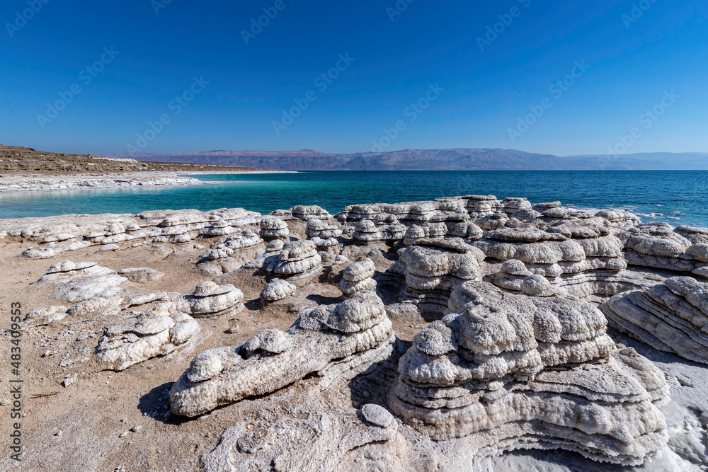 View of the beautiful patterns of the salt formations of the Dead Sea. Salt mushrooms