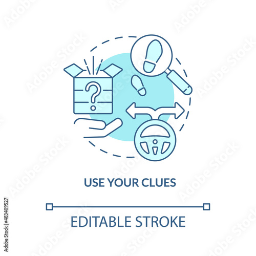 Use clues turquoise concept icon. Escape room approach abstract idea thin line illustration. Finding hidden objects. Isolated outline drawing. Editable stroke. Arial, Myriad Pro-Bold fonts used