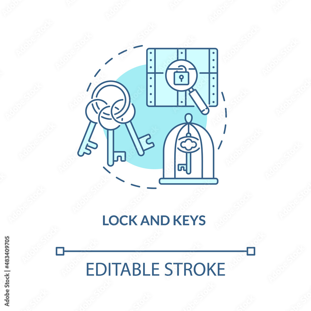 Lock and keys turquoise concept icon. Escape room abstract idea thin line illustration. Opening doors and chests. Isolated outline drawing. Editable stroke. Arial, Myriad Pro-Bold fonts used Lock and keys turquoise concept icon. Escape room abstract idea thin line illustration. Opening doors and chests. Isolated outline drawing. Editable stroke. Arial, Myriad Pro-Bold fonts used