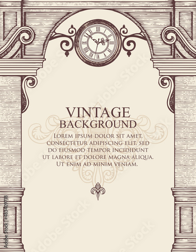 Vintage background or frame for certificate or diploma in the form of a building facade. Vector illustration with a hand-drawn medieval arch  round street clock and place for text on a beige backdrop