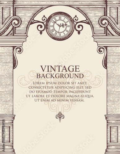 Vintage background or frame for certificate or diploma in the form of a building facade. Vector illustration with a hand-drawn medieval arch, round street clock and place for text on a beige backdrop