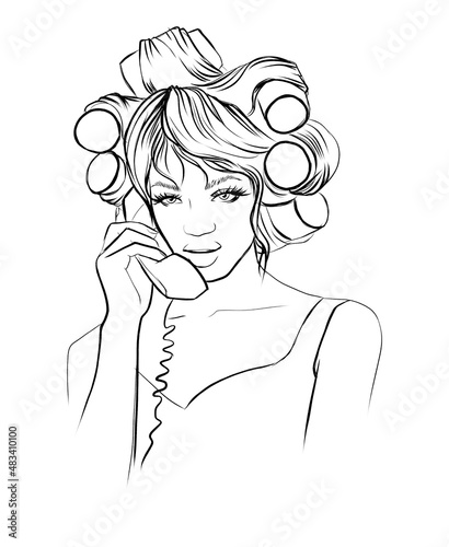 Portrait of a young woman in curlers and underwear. The girl is holding a retro-style handset in her hand. Black and white illustration