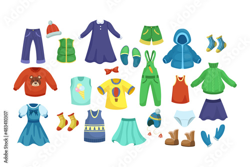 Colorful baby clothes for boy and girl cartoon illustration set. Hand drawn pants, dresses, blouses, accessories, socks, winter jacket and cap on white background. Childrens wardrobe, fashion concept