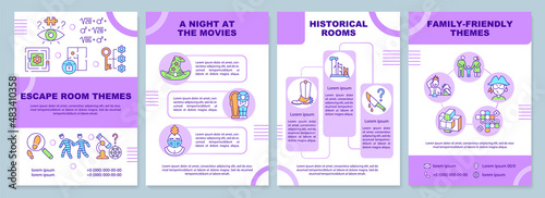 Escape room themes purple brochure template. Night at movies. Leaflet design with linear icons. 4 vector layouts for presentation, annual reports. Arial-Black, Myriad Pro-Regular fonts used
