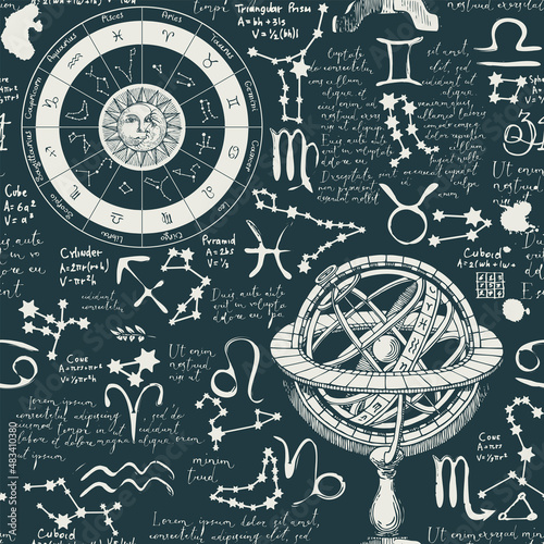 Abstract seamless pattern with zodiac signs, Lorem ipsum handwritten text, sun, moon, stars and constellations. Dark hand-drawn vector background on the theme of horoscopes and zodiacs in retro style
