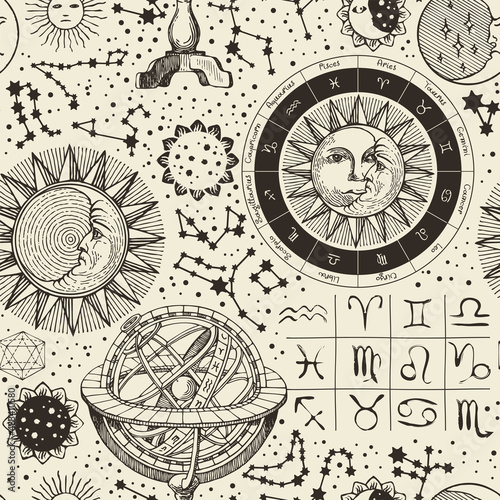 Monochrome seamless pattern on the topic of horoscopes and zodiacs in vintage style. Vector background with hand-drawn sun, moon, stars, constellations and astrological signs on an old paper backdrop