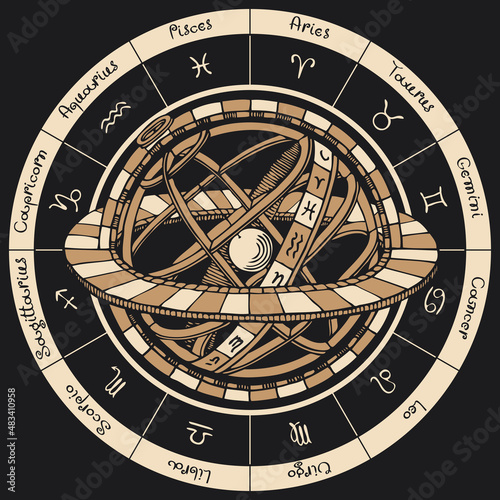 Vector circle of the Zodiac signs in vintage style with icons, names and Ptolemaic Geocentric System on a black background. Hand-drawn illustration on an astrological theme photo