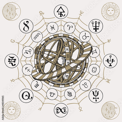 Vector circle of the Zodiac signs with icons, esoteric symbols and hand-drawn Ptolemaic Geocentric System. Decorative banner with horoscope symbols for astrological predictions in vintage style
