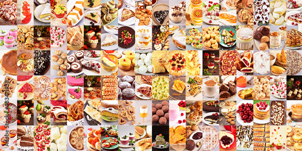 Big collage with desserts.  Sweet food: muffins, cakes, pastries, pancakes, ice cream.