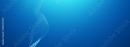 Blue particles wave background. Abstract dynamic mesh. Big data technology. 3d render wave line dot background, line wave light glowing effect particular background. landing page