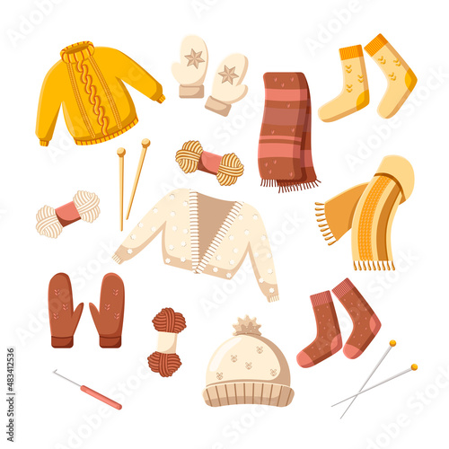 Seasonal knitwear from wool vector illustrations set. Crochet, handmade woolen hat, scarf, sweater, jumper or pullover, turtleneck on white background. Winter or autumn, clothes, accessories concept