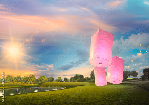 3D Render of flying lanterns hopeful and quality of life