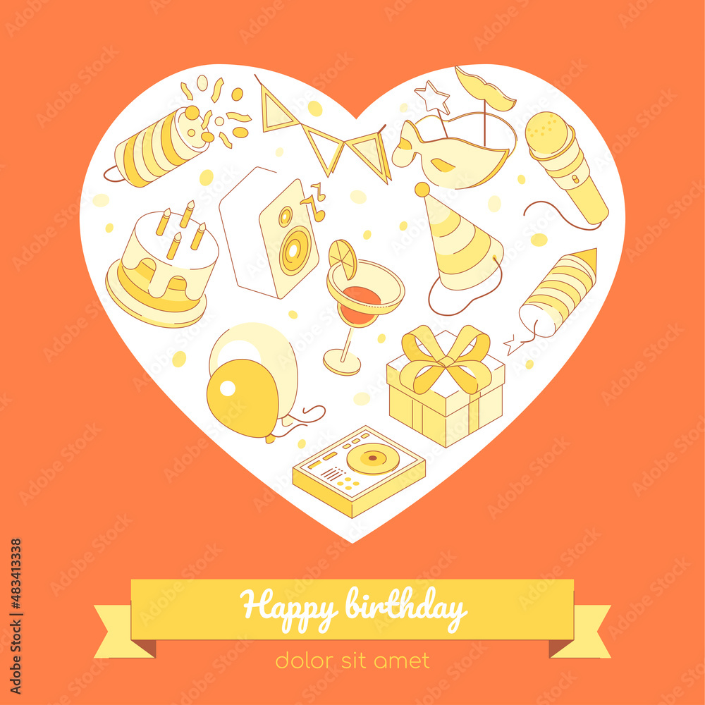 Happy birthday - modern isometric colorful heart shaped banner Happy birthday - modern isometric colorful heart shaped banner