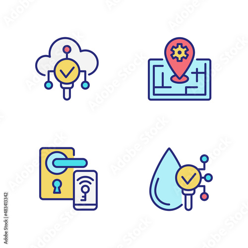 IoT technologies pixel perfect RGB color icons set. Remote lock access. Water proof device. Internet of Things. Isolated vector illustrations. Simple filled line drawings collection. Editable stroke
