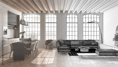 Architect interior designer concept  hand-drawn draft unfinished project that becomes real  kitchen  living and dining room. Classic parquet  wooden roof beams  interior design idea