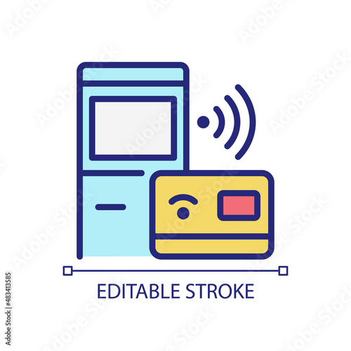 Self checkout kiosk pixel perfect RGB color icon. ATM stand. Smart terminal service. Internet of Things. Isolated vector illustration. Simple filled line drawing. Editable stroke. Arial font used