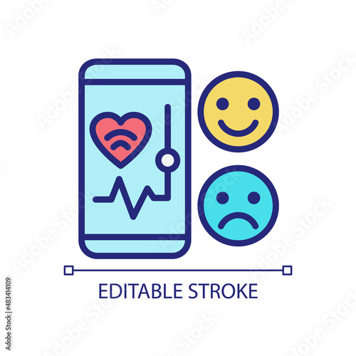 Mood monitoring pixel perfect RGB color icon. Mobile app for health tracking. Internet of Things. Isolated vector illustration. Simple filled line drawing. Editable stroke. Arial font used