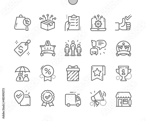 Product features. Limited edition. Premium quality and best seller. Technological and testing. Information. Pixel Perfect Vector Thin Line Icons. Simple Minimal Pictogram