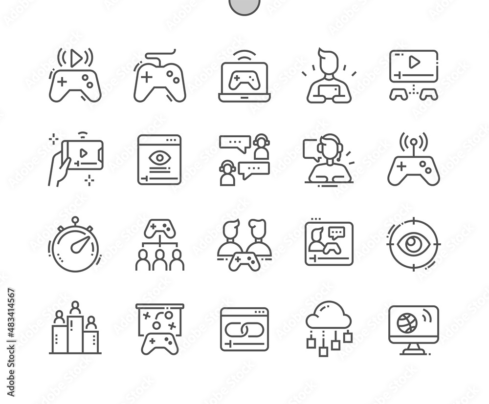 Streaming. Gamepad. Live links. Viewers. Online streaming. Entertainment. Pixel Perfect Vector Thin Line Icons. Simple Minimal Pictogram
