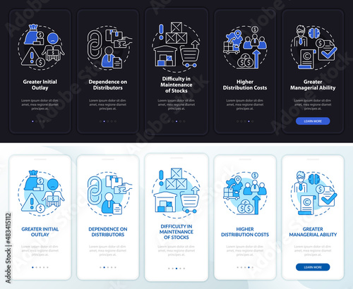 Export business struggles night, day mode onboarding mobile app screen. Walkthrough 5 steps graphic instructions pages with linear concepts. UI, UX, GUI template. Myriad Pro-Bold, Regular fonts used