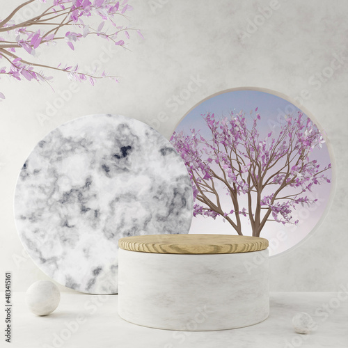 Mock up cylindrical wooden pedestal showcase podium stage with pink natural fresh plants and marble decoration for product presentation 3D rendering illustration