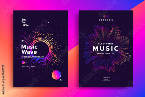 Electronic Music wave poster design. Sound flyer with abstract gradient dotted waves.