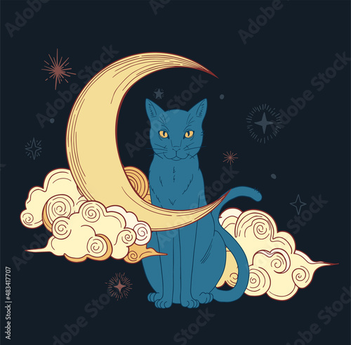 colorful illustration of mystic cat with moon and clouds