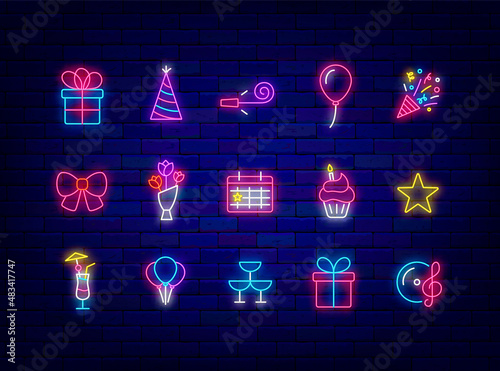 Birthday neon signs collection. Gift box and flowers. Balloons and cupcake. Shiny effect banner. Vector illustration