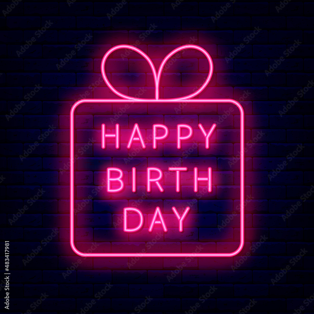 Happy Birthday neon text in gift box. Bright greeting card. Light effect banner. Vector stock illustration Happy Birthday neon text in gift box. Bright greeting card. Light effect banner. Vector stock illustration