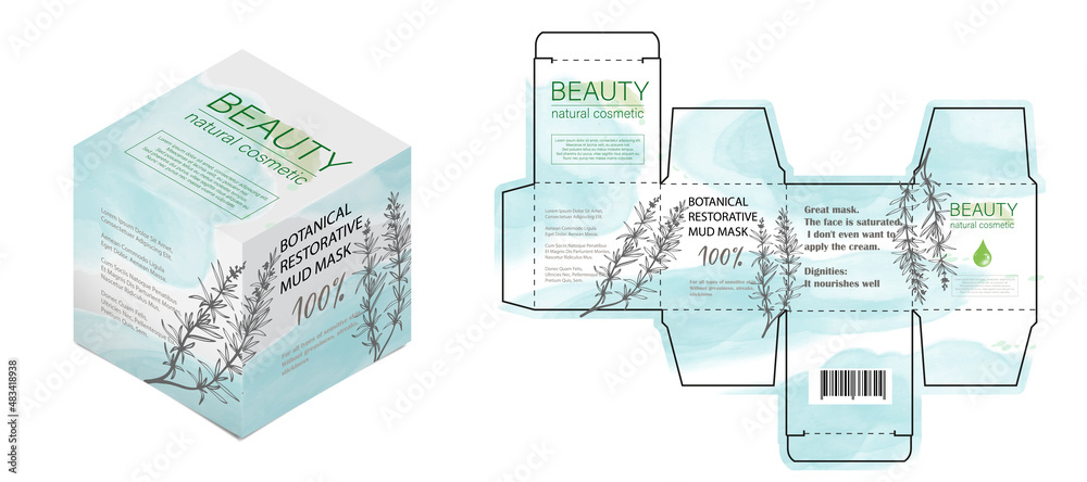 Naklejka premium Design of the cosmetic packaging template. Cut. Cosmetic cream mask with rosemary in a closed box. Realistic 3D model.