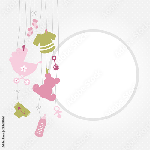 Links Hängende Babysymbole Mädchen Rosa Olivgrün Runde Rahmen Punkte Grau