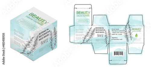 Design of the cosmetic packaging template. Cut. Cosmetic cream mask with rosemary in a closed box. Realistic 3D model.