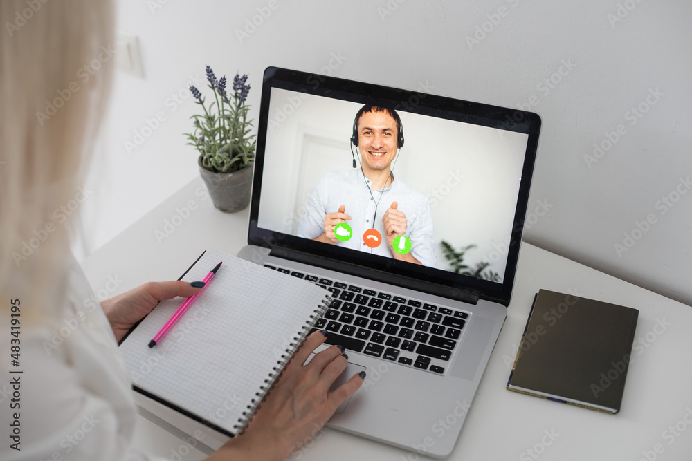 Psychological consultation online - man lists his problems - communicates with the patient using the digital technology - remote psychodiagnosis session