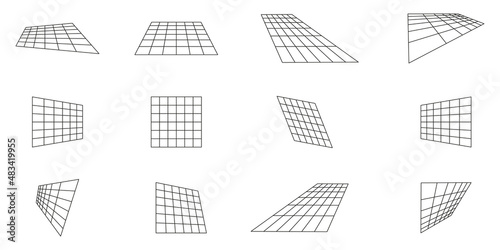 Cyber Futuristic Perspective 3d Wireframe. Black Horizon Cyberpunk Retro Element. Set of Geometric Wireframe at Angle. Abstract Modern Design. Isolated Vector Illustration