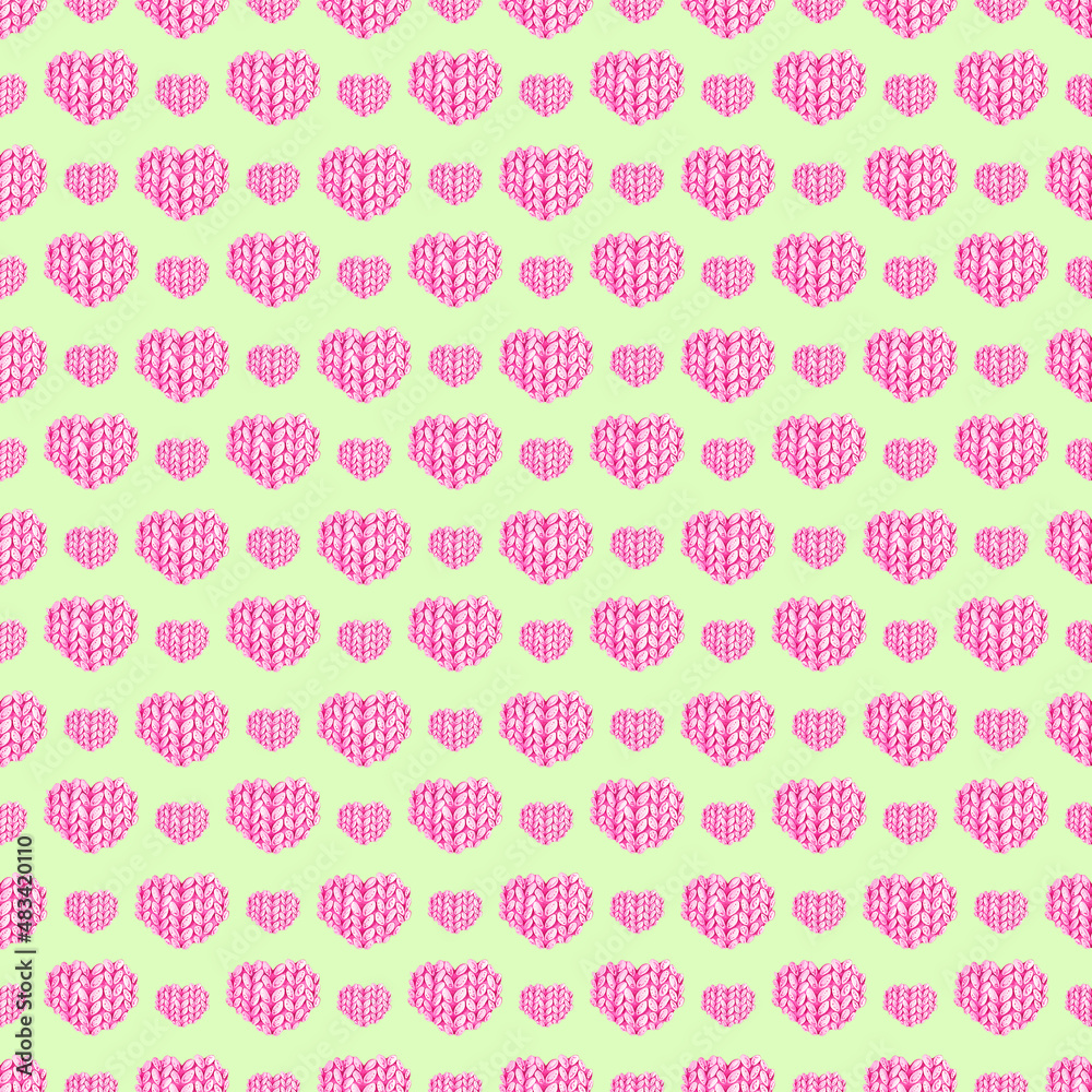 Watercolor pattern with pink knitted hearts on a green background