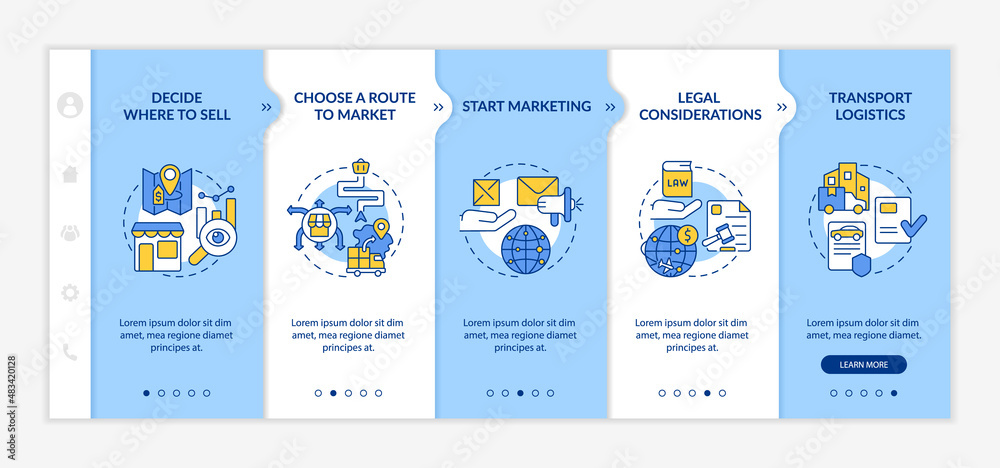 Export business tips blue and white onboarding template. Marketing strategy. Responsive mobile website with linear concept icons. Web page walkthrough 5 step screens. Lato-Bold, Regular fonts used